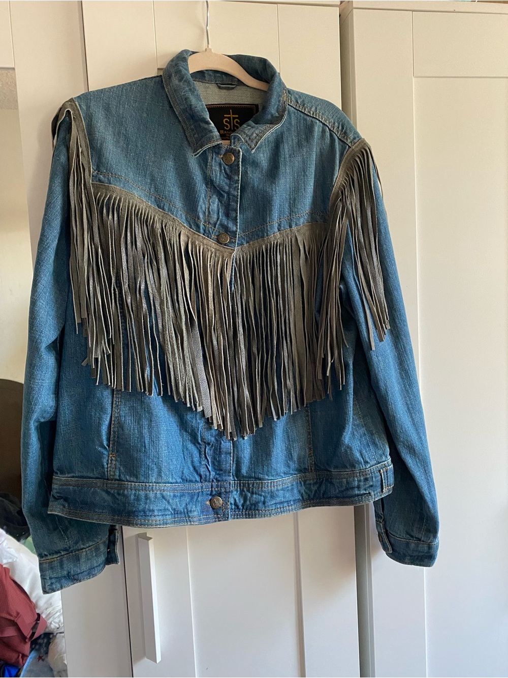 STS Blue Denim Jacket with Gray Leather Fringe - Women's Western Style